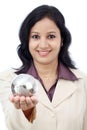 Business woman holding puzzle globe Royalty Free Stock Photo