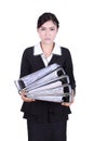 business woman holding stack of folders documents isolated on white Royalty Free Stock Photo