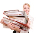 Business woman holding stack of folders documents