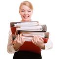 Business woman holding stack of folders documents Royalty Free Stock Photo