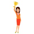 Business woman holding up a trophy cup and smiling. Women leadership concept