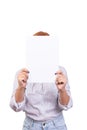 Business woman holding with white blank empty paper cover her face  isolated on white background with clipping path. Royalty Free Stock Photo