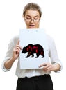 Business woman holds folder with silhouette bear financial icon.