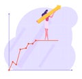 Business Woman with Huge Arrow in Hands Stand on Top of Growing Business Chart Curve Line on Coordinate System