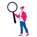 Business woman with huge magnifying glass as metaphore of explore, reseach and informartion