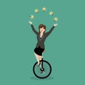 Business woman juggling the light bulb on unicycle