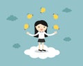 Business woman juggling many light bulbs while standing on the cloud