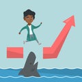 Business woman jumping over ocean with shark.