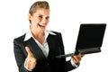 Business woman with laptop and showing thumbs up Royalty Free Stock Photo