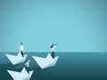 Business woman leader vector concept with businesswoman in paper boat leading team. Symbol of equality, woman power