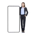Business woman leaning on huge cellphone with blank white screen, recommending great new app or website for smart phone
