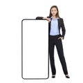 Business woman leaning on huge cellphone with blank white screen, recommending great new app or website for smart phone