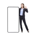 Business woman leaning on huge cellphone with blank white screen, showing ok gesture, recommending great new app or website for sm