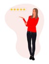 Business woman leave five star rating vector. Royalty Free Stock Photo