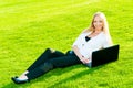 Business woman lies on the grass Royalty Free Stock Photo