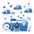 Business woman loading media content from clouds. Female character sits with laptop, big folder on background. Cloud service,