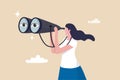 Business woman look through binoculars searching for new job or opportunity, vision or look far ahead to find future opportunity, Royalty Free Stock Photo