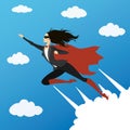 Business woman looking like Super hero flying to success in sky, Royalty Free Stock Photo