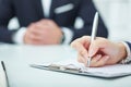 Business woman making notes at office workplace. Business job offer, financial success, certified public accountant concept.