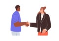 Business woman and man greeting with handshake. Happy partners, office colleagues shaking hands with respect at work Royalty Free Stock Photo