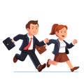 Business woman and man running fast together