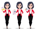 Business woman, manager, banker, set of three poses.