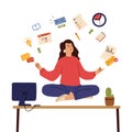 Business woman meditate. Calm emotions, healing body and mind on office. Girl control stress with yoga meditation