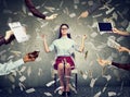 Business woman is meditating to relieve stress of busy corporate life under money rain Royalty Free Stock Photo