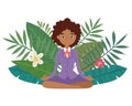 Business woman meditation, keep calm and relax spiritual zen balance lotus yoga vector illustration. Black skinned