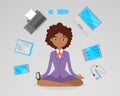 Business woman meditation, relax with office electronic gadgets around girl in lotus yoga pose vector illustration. Afro