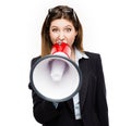 Business woman, megaphone and shouting in studio for serious announcement, voice or speech. Angry female model portrait Royalty Free Stock Photo