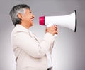 Business woman, megaphone and voice for announcement, broadcast or news in human resources on a white background. Happy Royalty Free Stock Photo