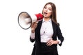 Business woman with megaphone yelling and screaming isolated on white background with suit Royalty Free Stock Photo