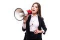 Business woman with megaphone yelling and screaming isolated on white background with suit Royalty Free Stock Photo