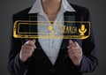 Business woman mid section with glass device behind yellow search bar against grey background Royalty Free Stock Photo
