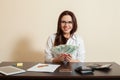 Business woman with money fans in hands Royalty Free Stock Photo