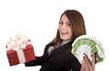 Business woman with money and gift, box. Royalty Free Stock Photo