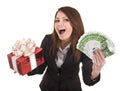 Business woman with money and gift box. Royalty Free Stock Photo