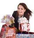 Business woman with money, gift box and bag. Royalty Free Stock Photo