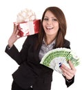 Business woman with money,red christmas box. Royalty Free Stock Photo