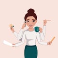 Business woman multitasking illustration busy shiva office manager with many hands talks phone