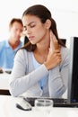 Business woman, neck pain and injury in office, tired or burnout by computer in creative startup. Fatigue, spine ache or Royalty Free Stock Photo