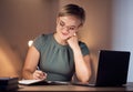 Business woman, notebook or writing in night office for company planning, schedule or ideas management. Smile, happy or Royalty Free Stock Photo