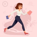 Business woman in office outfit. Business woman in a hurry with documents in her hands. Office dresscode. Flat vector