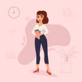 Business woman in office outfit. Business woman stands with documents in her hands. Office dresscode. Flat vector