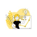 Business woman, online coach demonstrates business idea in form of light bulb against background growth schedule