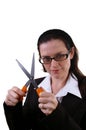 Business woman with open scissors Royalty Free Stock Photo