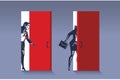 Business Woman Opens Door. Business Illustration Concept of New Business Opportunity