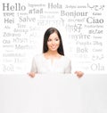 Business woman over the background with a different world languages (foreign language school)