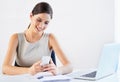 Business woman, paperwork or planning on a phone for reading data, news and documents for report. Smile, laptop and Royalty Free Stock Photo